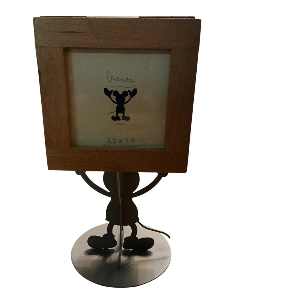 Vintage 1999 Disney Mickey Mouse Wood & Metal Pedestal Picture Frame 3.5x3.5